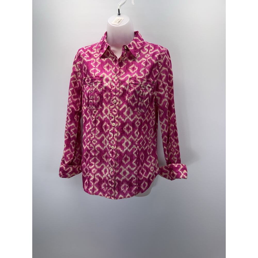 Michael Kors Women’s Top Pink Printed Long Sleeve Button Down Shirt Sz Medium